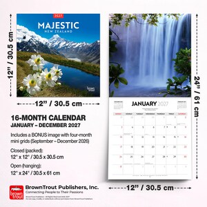 May include: A 16-month wall calendar for 2027 titled Majestic New Zealand, featuring landscape photography of mountains, flowers, and waterfalls. It measures 12 inches by 12 inches closed and 12 inches by 24 inches open, including a January 2027 grid.