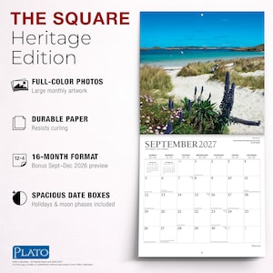 May include: A 16-month wall calendar titled The Square Heritage Edition, featuring a full-colour photograph of a sandy beach with blue water, tall grasses, and purple flowers for September 2027. The calendar includes spacious date boxes, holidays, and moon phases.