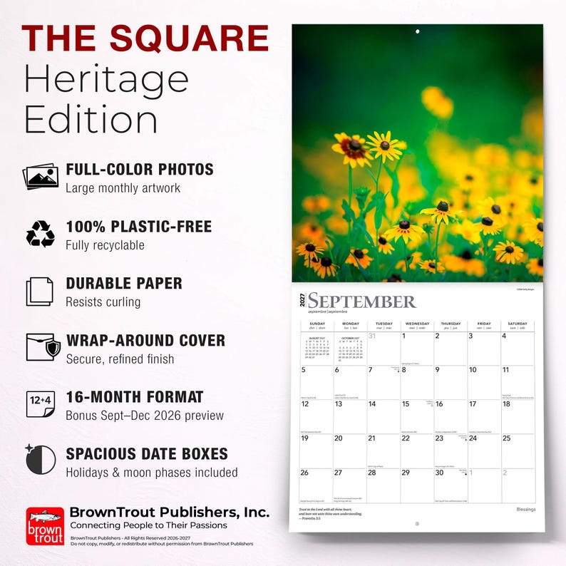 Może przedstawiać: Kwadratowy kalendarz ścienny na 2027 rok pod tytułem The Square Heritage Edition. G&oacute;rna część zawiera kolorowe zdjęcie ż&oacute;łtych kwiat&oacute;w rudbekii na zielonym tle. Dolna część przedstawia siatkę kalendarza na miesiąc wrzesień.