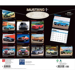 May include: A 2027 Ford Mustang wall calendar featuring twelve distinct monthly images of various Mustang models, including a 1968 Ford Mustang, 2025 Ford Mustang GTD, 2016 Ford Mustang GT, 1970 Ford Mustang Mach 1, and a 1969 Ford Mustang GT 428 Cobra Jet.