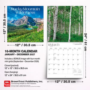 May include: A 16-month Rocky Mountain Wilderness calendar for 2027, measuring 12 inches by 12 inches closed and 12 inches by 24 inches open. It features mountain and forest photography, a March grid, and bonus mini grids for late 2026.
