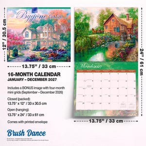 May include: A 16-month 2027 wall calendar titled Bygone Days, featuring landscape paintings of houses and mills. It measures 33 cm by 30.5 cm closed and 33 cm by 61 cm open. Includes a bonus mini grid for late 2026 and a printed envelope for storage.