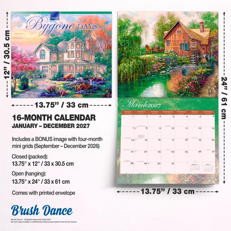 May include: A 16-month 2027 wall calendar titled Bygone Days, featuring landscape paintings of houses and mills. It measures 33 cm by 30.5 cm closed and 33 cm by 61 cm open. Includes a bonus mini grid for late 2026 and a printed envelope for storage.