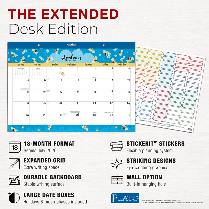 May include: A desk calendar with a blue and yellow bee design. The calendar includes the text "April 2027" and features a grid layout with large date boxes. It also includes a sheet of colourful stickers and the text "THE EXTENDED Desk Edition".