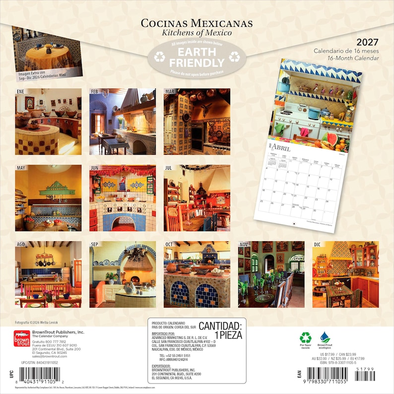 May include: A 2027 16-month wall calendar titled Cocinas Mexicanas Kitchens of Mexico featuring twelve distinct color photographs of traditional Mexican kitchens, a grid for April, and a back cover displaying product information and a barcode.