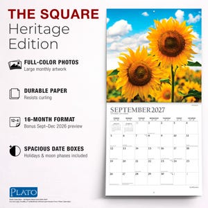 May include: A 16-month wall calendar titled THE SQUARE Heritage Edition featuring full-color photos of sunflowers. The September 2027 page displays a grid with spacious date boxes, holidays, and moon phases. The calendar includes a bonus preview.