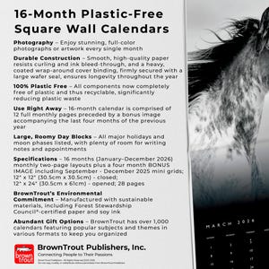May include: A square wall calendar with a black and white horse image. The calendar is 12" x 12" (30.5cm x 30.5cm) closed, and 12" x 24" (30.5cm x 61cm) opened. It features 16 months, from January-December 2026, plus bonus images.