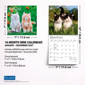 May include: A 16-month mini calendar for 2027 titled For the Love of Kittens. It measures 7 inches by 7 inches closed and 7 inches by 14 inches open. The cover features two kittens in grass, while the open view shows two black and white kittens.