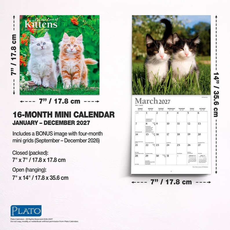 May include: A 16-month mini calendar for 2027 titled For the Love of Kittens. It measures 7 inches by 7 inches closed and 7 inches by 14 inches open. The cover features two kittens in grass, while the open view shows two black and white kittens.