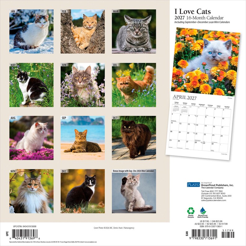 May include: A 2027 16-month wall calendar titled I Love Cats, featuring twelve monthly grid images of various cat breeds in outdoor settings, plus a bonus image and a full-page April 2027 calendar view with a kitten sitting in orange flowers.