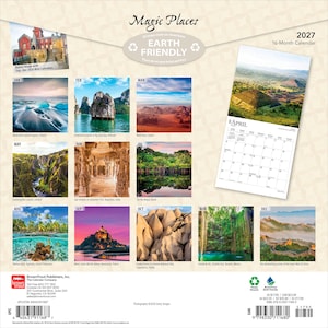 May include: A 2027 16-month wall calendar titled Magic Places featuring twelve distinct landscape photographs. The back cover displays a grid of monthly images including glaciers, limestone islands, deserts, canyons, temples, and forests, with a sample April page.