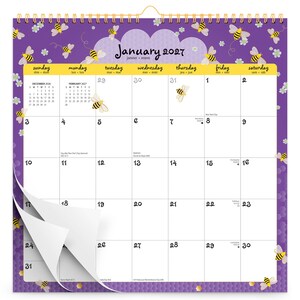 Busy Bees / Calendario mensual cuadrado de 30 x 30 cm (para colgar) de 2027 / Hoja de pegatinas / BrownTrout / Papelería de planificación