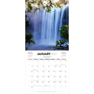 May include: A wall calendar for January 2027 featuring a photograph of a waterfall cascading over a rocky cliff, framed by green foliage. The calendar grid displays the month, year, and days of the week with dates from 1 to 31 in a clean layout.