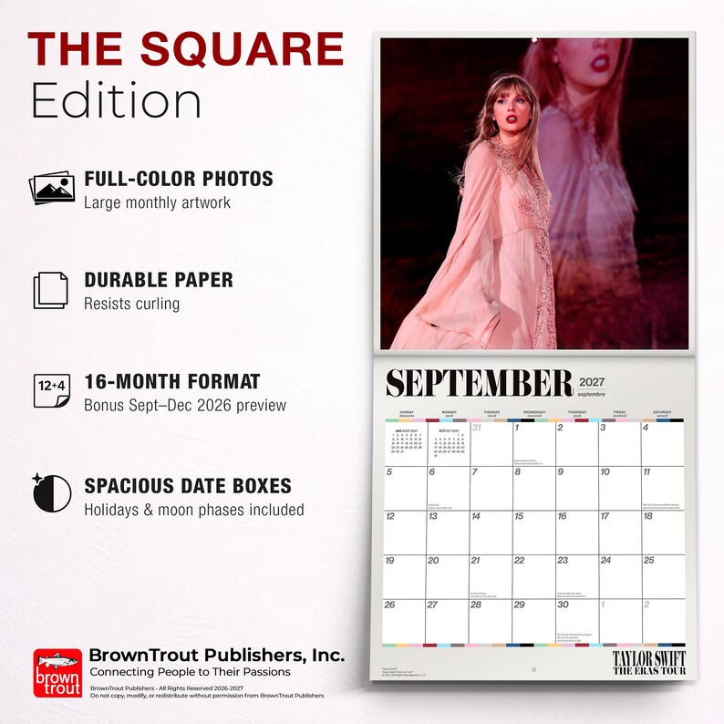 May include: A 16-month wall calendar titled The Square Edition featuring Taylor Swift The Eras Tour. The top section displays a full-color photograph of a performer in a pink dress, while the bottom section shows the September 2027 calendar grid.