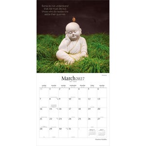 May include: A wall calendar for March 2027 featuring a stone-colored statue of a seated child figure with a small bird on its head, set in green grass. The text reads: Some do not understand that we must die, but those who do realize this settle their quarrels.