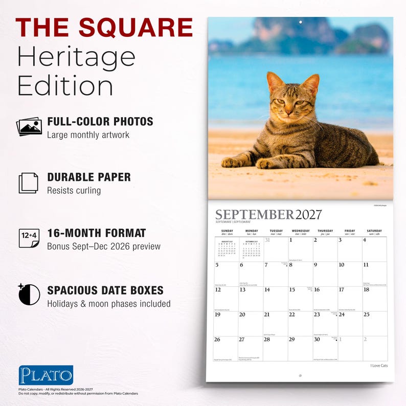 May include: A 16-month wall calendar titled THE SQUARE Heritage Edition featuring a brown tabby cat on a beach for September 2027. The calendar includes full-colour photos, durable paper, and spacious date boxes with holidays and moon phases.