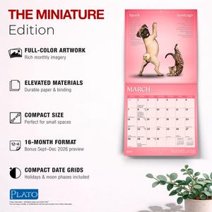 May include: A 2027 wall calendar titled THE MINIATURE Edition featuring a pink background with a pug and a kitten in yoga poses for the month of March. The calendar includes a 16-month format, compact date grids with holidays, and moon phases.