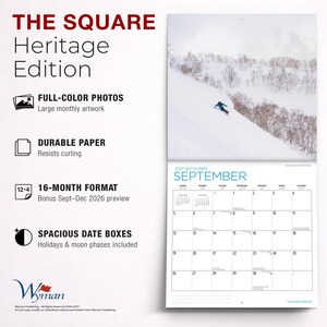 Puede incluir: Un calendario de pared de 2027 titulado THE SQUARE Heritage Edition que presenta una fotograf&iacute;a de snowboard para septiembre. El dise&ntilde;o incluye un formato de 16 meses con espaciosas casillas de fecha, d&iacute;as festivos y fases lunares.