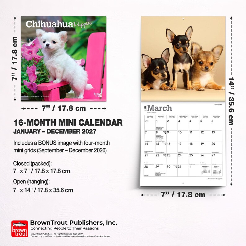 Puede incluir: Un minicalendario de 16 meses para 2027 con cachorros de Chihuahua. El calendario cerrado mide 17,8 cm por 17,8 cm, y el calendario abierto mide 17,8 cm por 35,6 cm. Incluye una imagen adicional y cuadr&iacute;culas de septiembre a diciembre 2026.