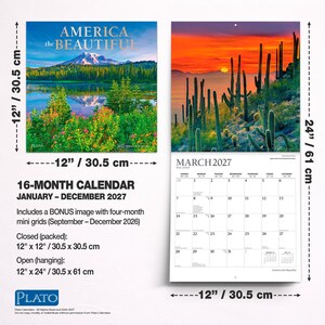 Peut inclure: Un calendrier mural de 16 mois intitul&eacute; America the Beautiful, couvrant de janvier &agrave; d&eacute;cembre 2027. Il mesure 30,5 cm sur 30,5 cm ferm&eacute; et 30,5 cm sur 61 cm ouvert. La couverture montre un lac de montagne et l'int&eacute;rieur un coucher de soleil.