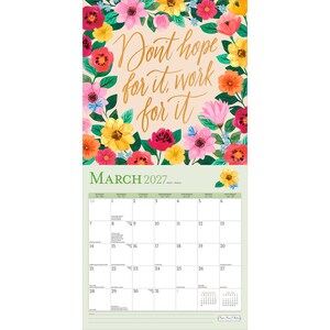 May include: A wall calendar for March 2027 featuring a floral border with pink, yellow, orange, and red flowers on a light background. The text "Don't hope for it, work for it" is written in gold script at the top, with a grid calendar below.