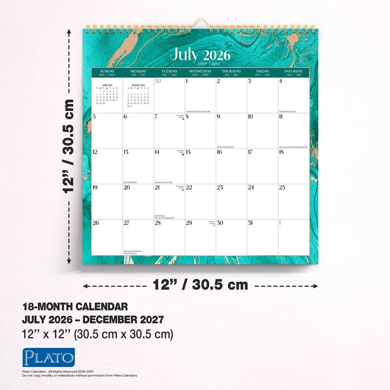 May include: An 18-month wall calendar, 12 inches by 12 inches, featuring a teal and gold marble design. The calendar spans from July 2026 to December 2027. The month of July 2026 is displayed.