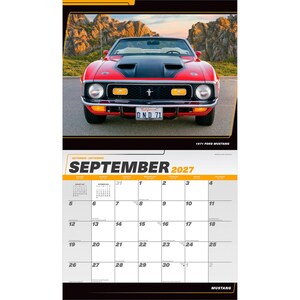 May include: A 2027 wall calendar for September featuring a red 1971 Ford Mustang with a black hood scoop and California license plate DND 71. The calendar grid displays the month of September 2027 with dates from the 1st to the 30th clearly visible.