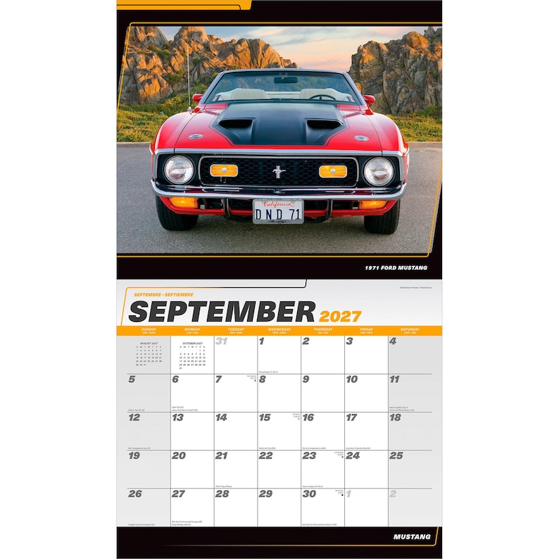 May include: A 2027 wall calendar for September featuring a red 1971 Ford Mustang with a black hood scoop and California license plate DND 71. The calendar grid displays the month of September 2027 with dates from the 1st to the 30th clearly visible.