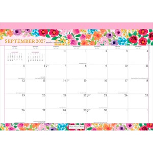 May include: A September 2027 wall calendar featuring a floral border with pink, red, orange, and blue flowers at the top and bottom. The grid displays days of the week, dates, and small monthly calendars for August and October 2027 in the top left.