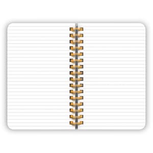 May include: A blank, lined notebook with a gold spiral binding. The notebook is open to a blank page.