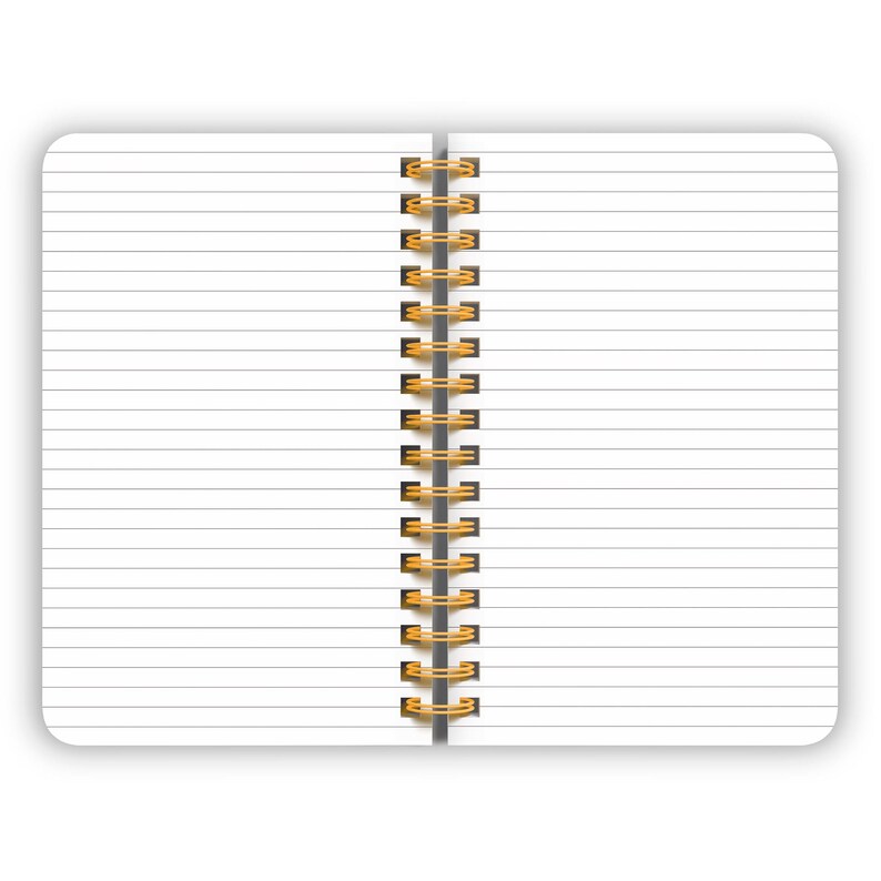 May include: A blank, lined notebook with a gold spiral binding. The notebook is open to a blank page.