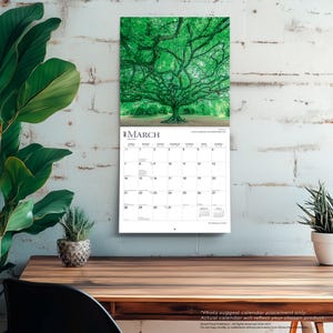 May include: A wall calendar for March 2023 featuring a large, sprawling green tree with dense foliage at the top. The calendar grid displays the days of the month clearly in black text on a white background, with the title March printed at the top.