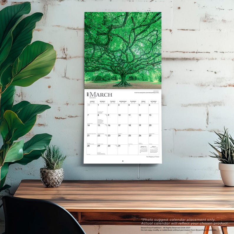 May include: A wall calendar for March 2023 featuring a large, sprawling green tree with dense foliage at the top. The calendar grid displays the days of the month clearly in black text on a white background, with the title March printed at the top.