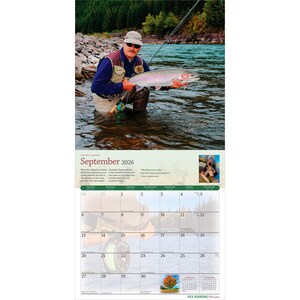 May include: A calendar page for September 2026 featuring a man fly fishing in a river, holding a large rainbow trout. The calendar includes a small inset photo and a quote. The calendar is for Fly Fishing Dreams.