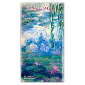 May include: A rectangular monthly planner featuring a reproduction of Claude Monet's water lilies painting in shades of blue, green, and pink. The text Claude Monet is printed at the top, and 2027-2028 Monthly Planner is printed at the bottom.