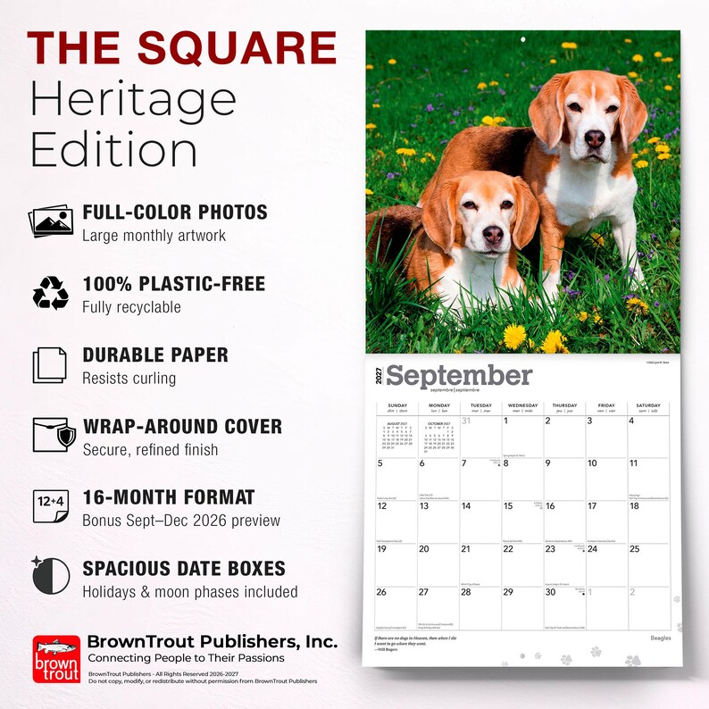 May include: A 2027 wall calendar titled THE SQUARE Heritage Edition featuring a photograph of two brown, black, and white beagle dogs in a green grassy field with yellow flowers. The calendar displays the month of September with a grid layout.