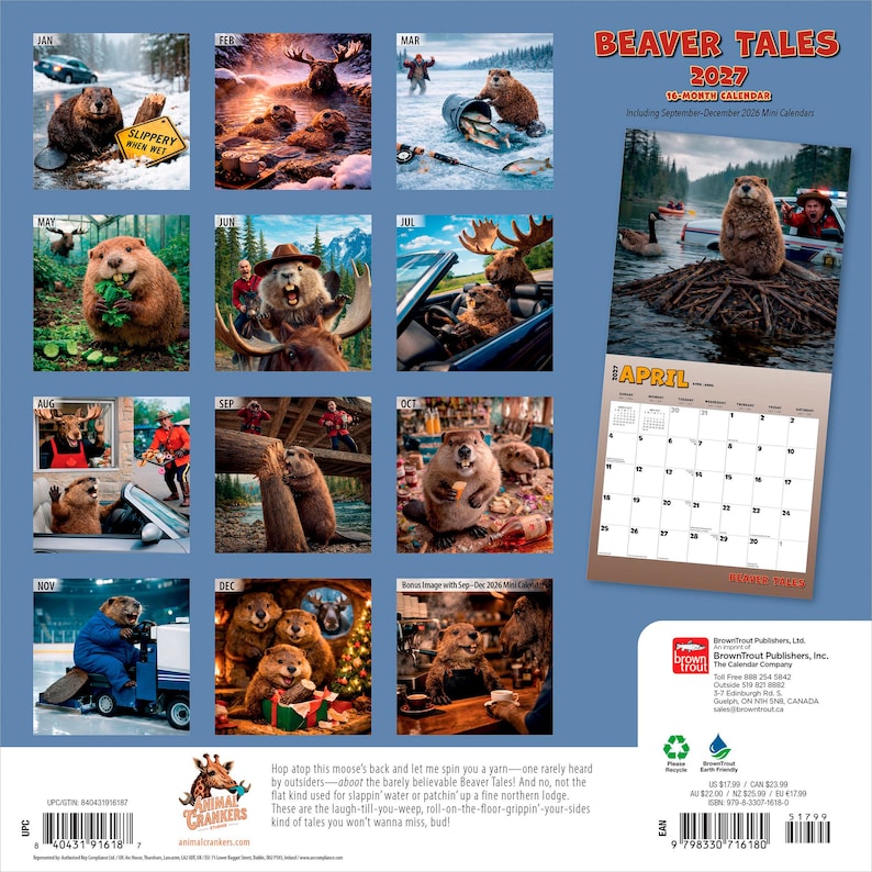 May include: A 2027 Beaver Tales 16-month wall calendar featuring twelve monthly images of beavers in various humorous scenarios, including driving, fishing, and working. The calendar includes a mini calendar for late 2026 and a grid for April 2027.