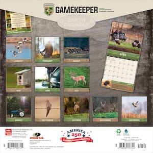 May include: A Gamekeeper 2026 16-month calendar featuring wildlife scenes for each month. The calendar includes images of ducks, a hunter, turkeys, a birdhouse, a deer, a tractor, a dove, and more. The calendar is Earth Friendly.