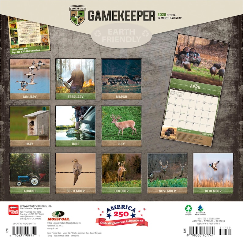 May include: A Gamekeeper 2026 16-month calendar featuring wildlife scenes for each month. The calendar includes images of ducks, a hunter, turkeys, a birdhouse, a deer, a tractor, a dove, and more. The calendar is Earth Friendly.
