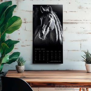 May include: A wall calendar featuring a black and white portrait of a horse on the top half and the month of March 2017 printed on the bottom half. The calendar displays a grid of dates with the text March 2017 clearly visible at the top.