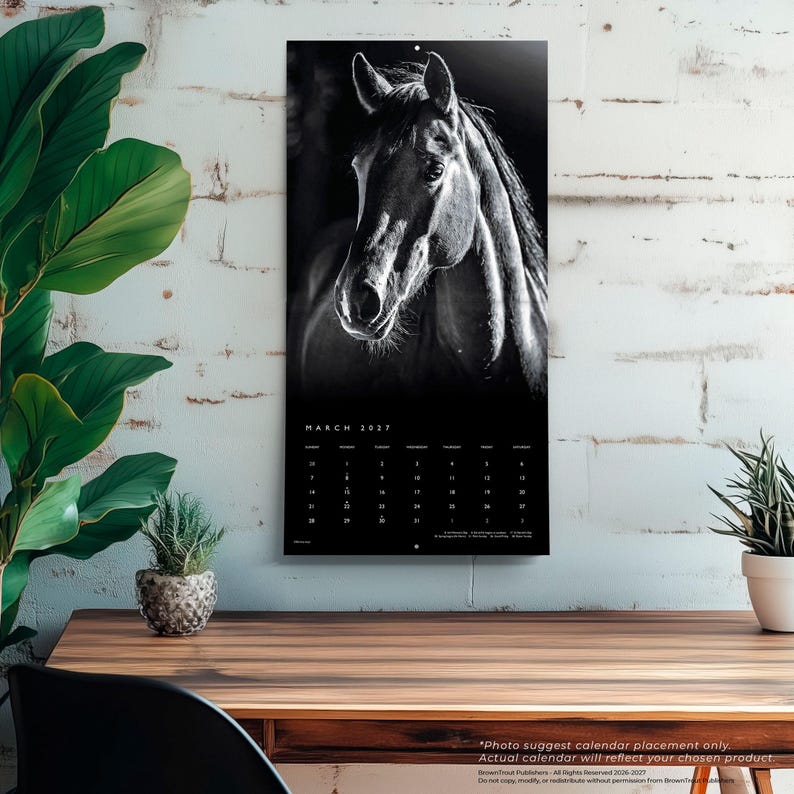 May include: A wall calendar featuring a black and white portrait of a horse on the top half and the month of March 2017 printed on the bottom half. The calendar displays a grid of dates with the text March 2017 clearly visible at the top.