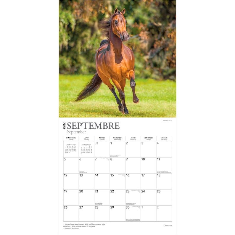 May include: A 2027 wall calendar page for September featuring a photograph of a brown horse galloping across a green field. The calendar grid displays the days of the month in French and English, with the year 2027 and the month name SEPTEMBRE.