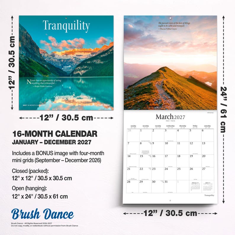 Puede incluir: Un calendario de pared de 16 meses para 2027 con fotograf&iacute;as de paisajes. Las dimensiones cerrado son 30,5 cm por 30,5 cm y abierto 30,5 cm por 61 cm. El calendario incluye una minicuadr&iacute;cula adicional para finales de 2026 y texto.