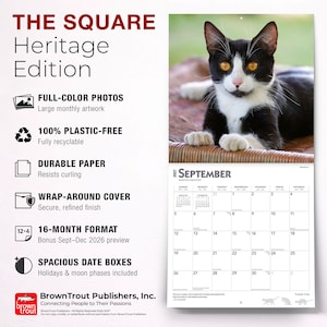 May include: A 2027 wall calendar titled THE SQUARE Heritage Edition featuring a black and white tuxedo cat with amber eyes on the September page. The calendar includes full-colour photos, durable paper, a wrap-around cover, and spacious date boxes.