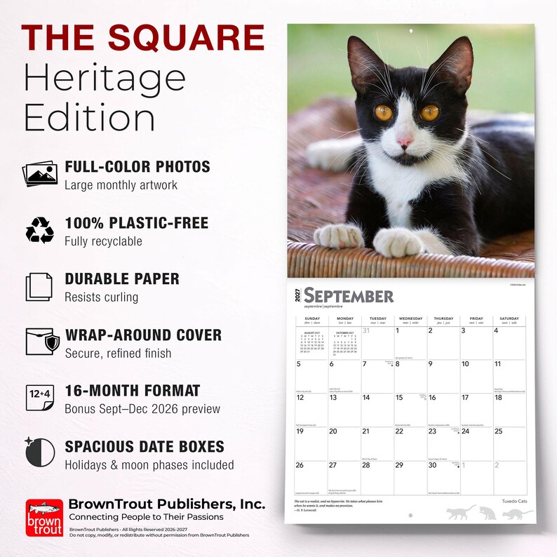 May include: A 2027 wall calendar titled THE SQUARE Heritage Edition featuring a black and white tuxedo cat with amber eyes on the September page. The calendar includes full-colour photos, durable paper, a wrap-around cover, and spacious date boxes.