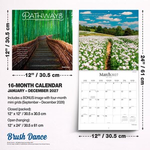 May include: A 16-month wall calendar titled Pathways for 2027, measuring 12 inches by 12 inches closed and 12 inches by 24 inches open. It features nature photography, including a bamboo forest and a field of white flowers, with a March 2027 grid.