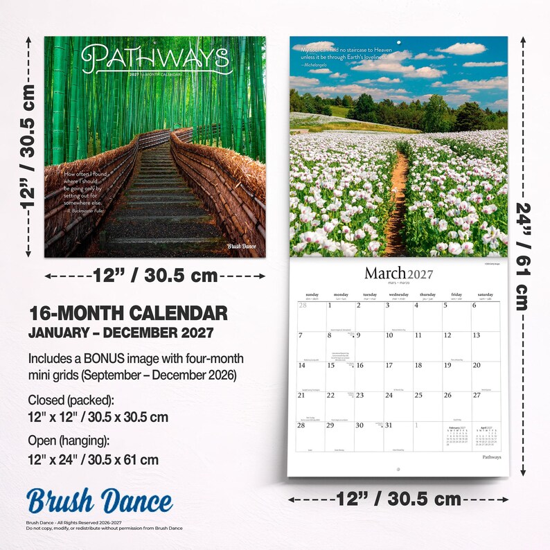May include: A 16-month wall calendar titled Pathways for 2027, measuring 12 inches by 12 inches closed and 12 inches by 24 inches open. It features nature photography, including a bamboo forest and a field of white flowers, with a March 2027 grid.