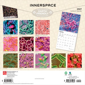May include: A 2027 16-month wall calendar titled INNERSPACE featuring microscopic imagery of various bacteria and cells for each month. The calendar displays a grid for April and includes a bonus image section, recycling logos, and barcode information.