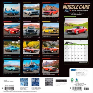 Puede incluir: Un calendario de pared de 16 meses American Muscle Cars 2027 con doce fotograf&iacute;as de coches cl&aacute;sicos, incluyendo un Plymouth Road Runner Superbird de 1970 y un Chevrolet Camaro de 1969, con una cuadr&iacute;cula de abril de 2027 e informaci&oacute;n de la empresa.