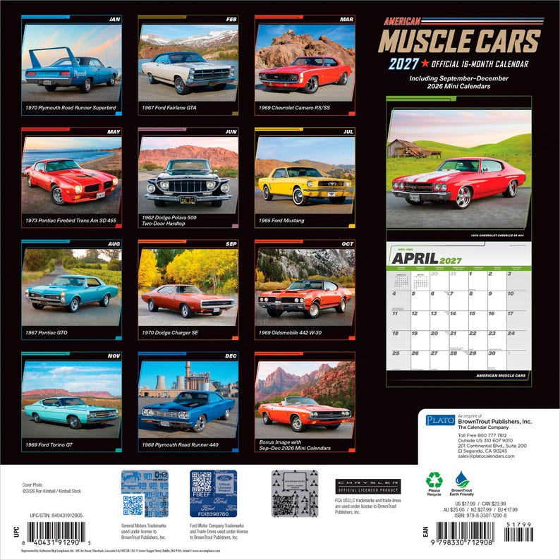 Puede incluir: Un calendario de pared de 16 meses American Muscle Cars 2027 con doce fotograf&iacute;as de coches cl&aacute;sicos, incluyendo un Plymouth Road Runner Superbird de 1970 y un Chevrolet Camaro de 1969, con una cuadr&iacute;cula de abril de 2027 e informaci&oacute;n de la empresa.